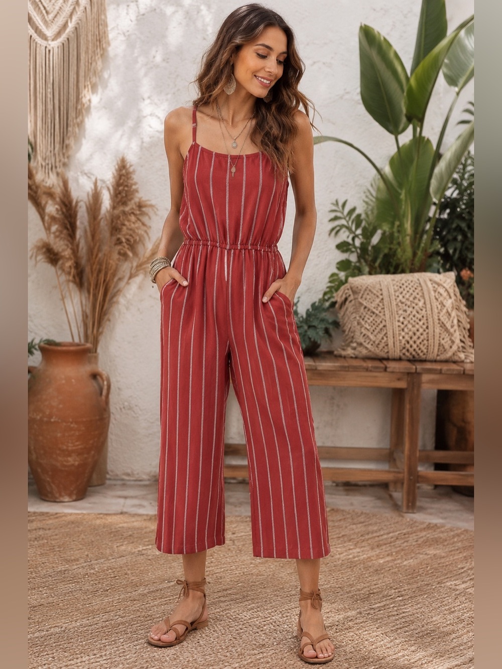 GAP Coral Stripe Cropped Capri Wide-Leg Jumpsuit | Boho Beachy Sleeveless Romper